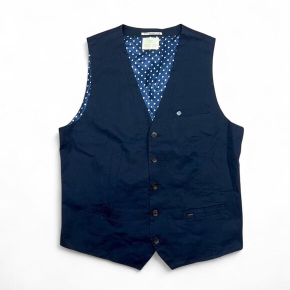 Men’s Scotch & Soda Navy Blue Waistcoat Dress Vest Tailored Large Polka Dot Lini - Picture 1 of 5
